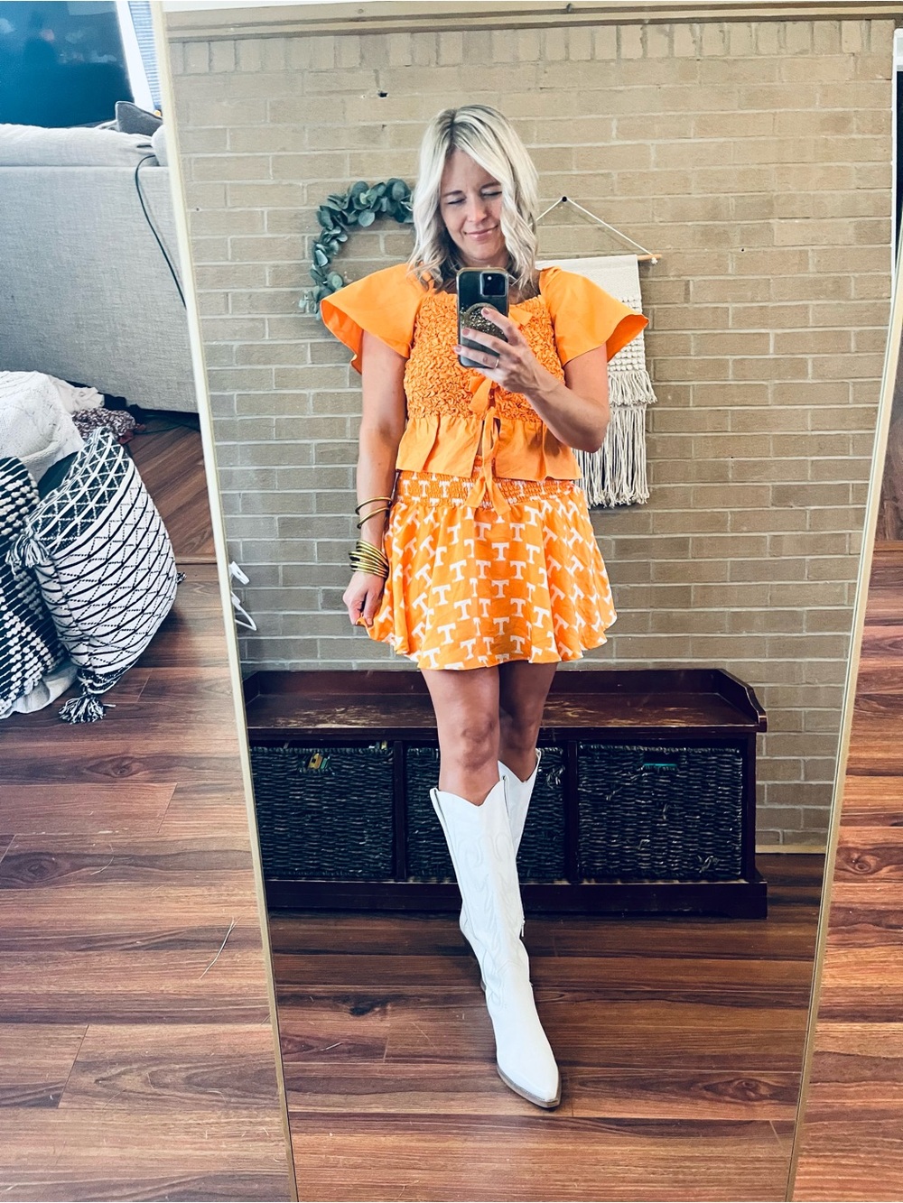 Smocked Waist Orange Printed Skort